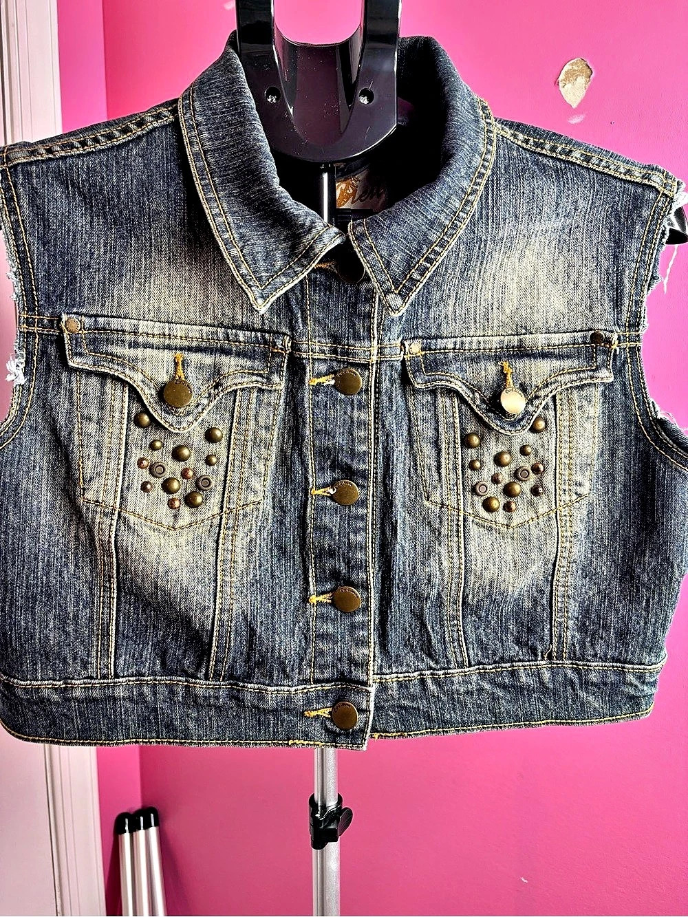 Crevi Denim Vest Womens L Cropped Studded Distressed Raw Edge Y2K Western